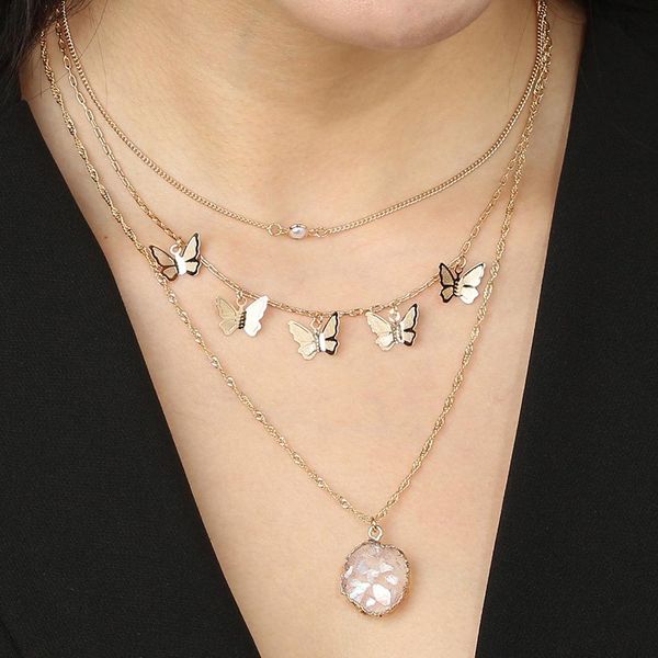 

2020 новых блестки супер феи бабочка дизайн ожерелья чувство ниша женщина форма натурального камень кулон многослойного ожерелья, Silver