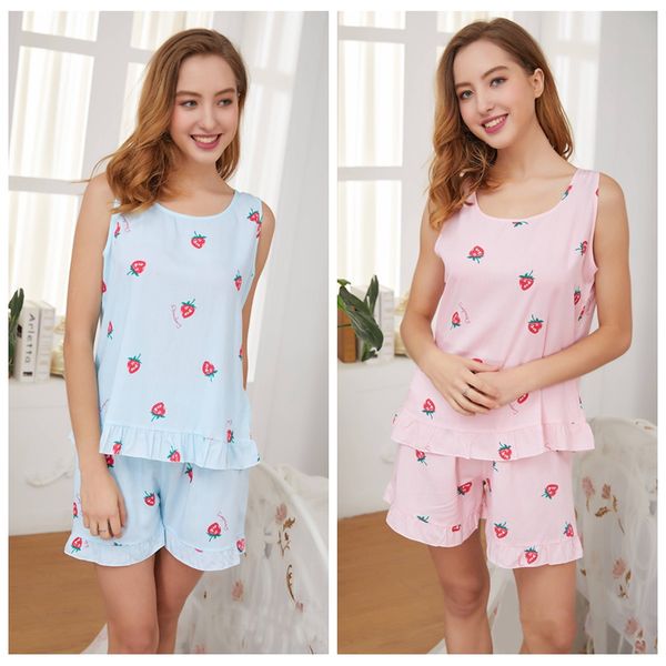

women's cotton sleeveless pajamas printed sleepwear casual short homewear female pyjamas set, Blue;gray