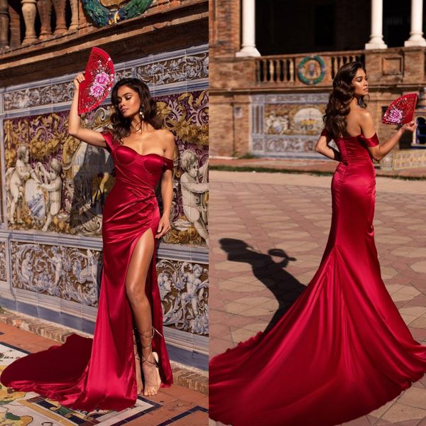 

cristallini 2019 вечерние платья сексуальное платье с открытыми плечами и высоким вырезом эластичные атласные выпускные платья выпускное пла, Black;red