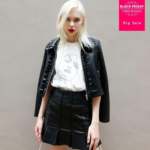 

2019 new fashion brand short style ruffles stitching pu leather jackets female elegant balck long sleeve leather jacket wj2830, Black