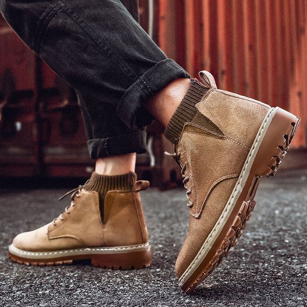 

vintage men boots suede leather western ankle boots men waterproof winter work casual shoes sneakers cowboy s12-48, Black