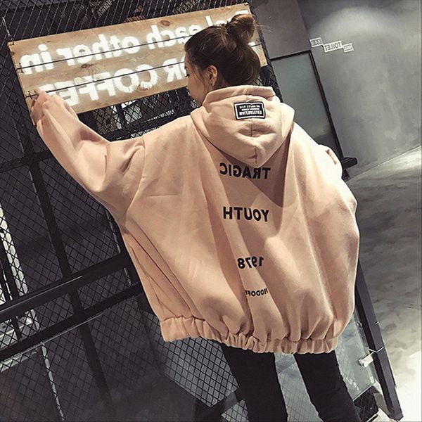 

harajuku autumn winter women oversized hoodies korean letter zipper loose hooded sweatshirt coat fleece warm pullover, Black