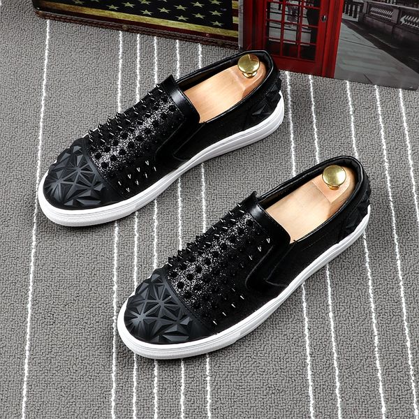 

new arrival men casual breathable genuine leather rivets shoes prom nightclub wear slip on driving shoe flats platform loafers, Black