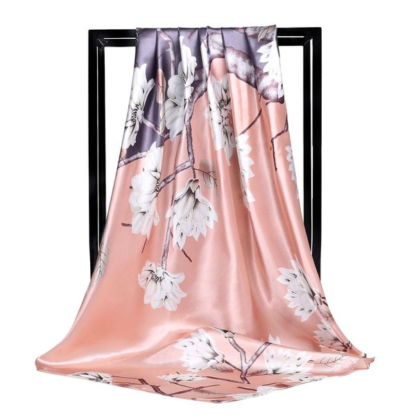 Großhandel – SHUI Polyester-Schal, Damenmode, Pflanzenmuster, großes quadratisches Satin-Kopftuch, 90 x 90 cm