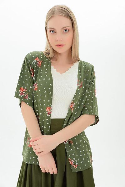 

cotton mood women 's khaki flower pattern viscose pattern short sleeve jacket 9101364, Black;brown