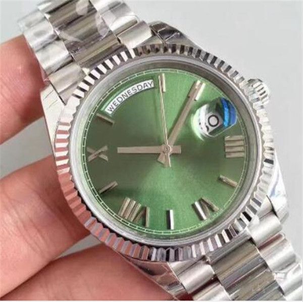 

12 day date luxury president watches men day-date sapphire cystal geneva automatic mechanical wrist watch silver green roma face wristwatch, Slivery;brown