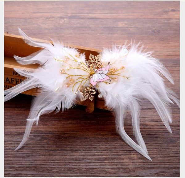 

handmade feather butterfly headdress white handmade hairpin wedding dress accessories hairdress bride jewelry, Slivery;golden