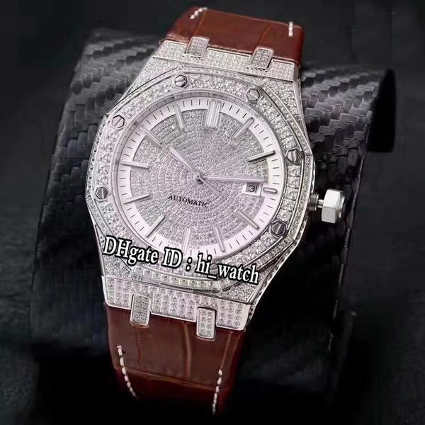 

version 15400 all diamond bezel dial silver diamond cal.3120 automatic mens watch black leather strap white line sports watches a401b2, Slivery;brown