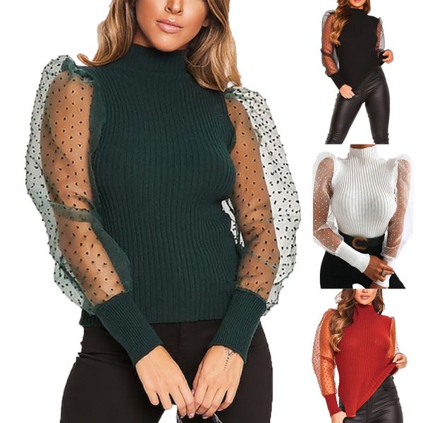 

stitching polka dot lace gauze see-through fashion women knit uff sleeve sweater knit base shirt, White;black
