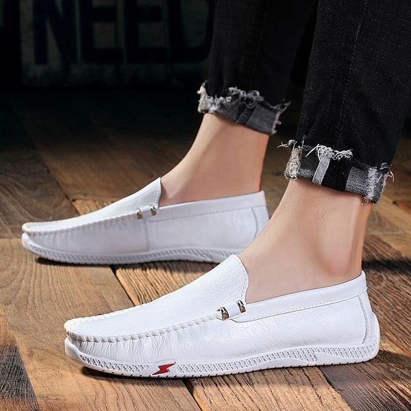 

2020 lazy youth slip on man casual shoes leather footwear men's wedding british loafers moccasins shoes for men, Black