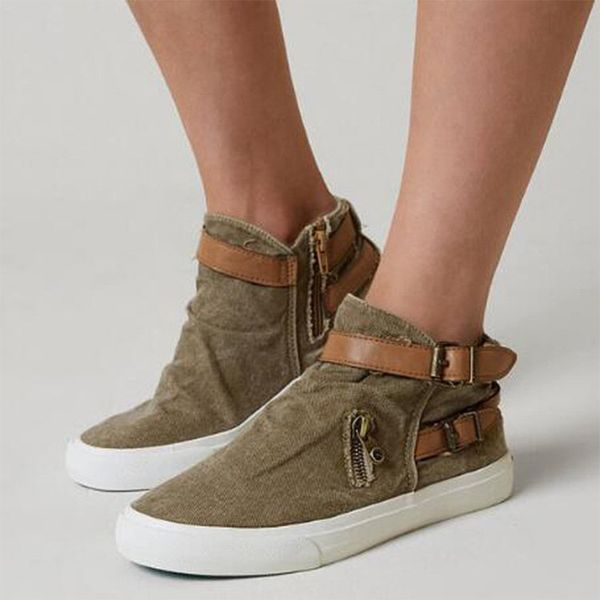 

2020 woman canvas flats female buckle strap vulcanized women solid woman zip women's footwear plus size 43 ladies comfort shoes, Black