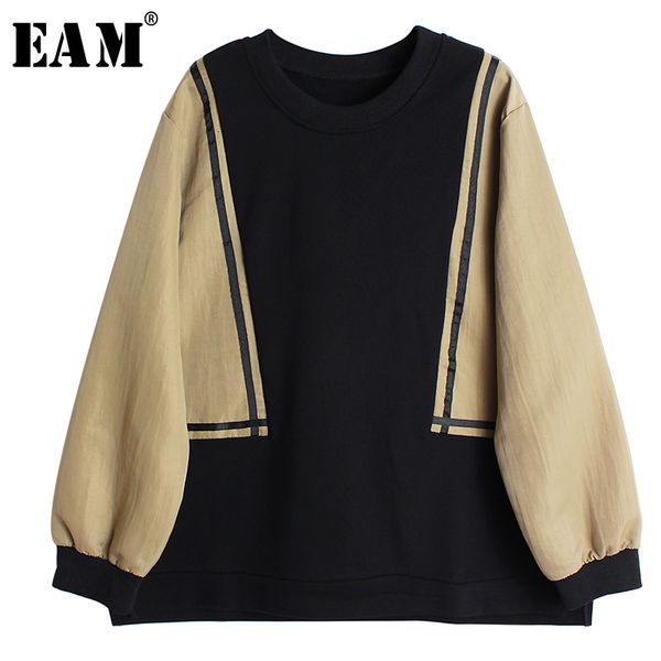 

eam] loose fit khaki split sweatshirt new round neck long sleeve women big size fashion tide autumn winter 2019 19a-a429, Black