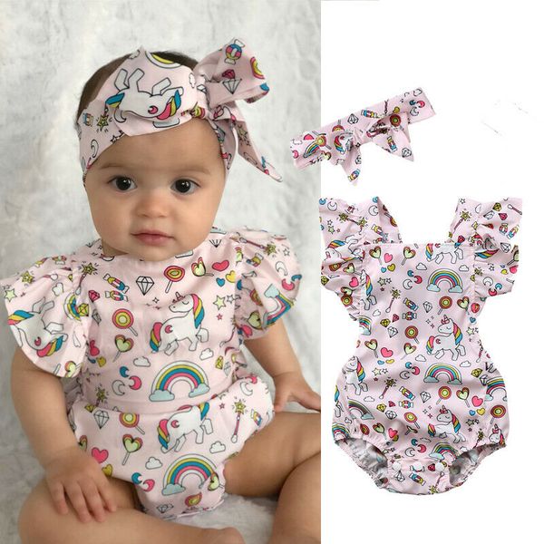 

2020 stock newborn baby girls unicorn romper active bodysuit jumpsuit headband outfit set, Blue