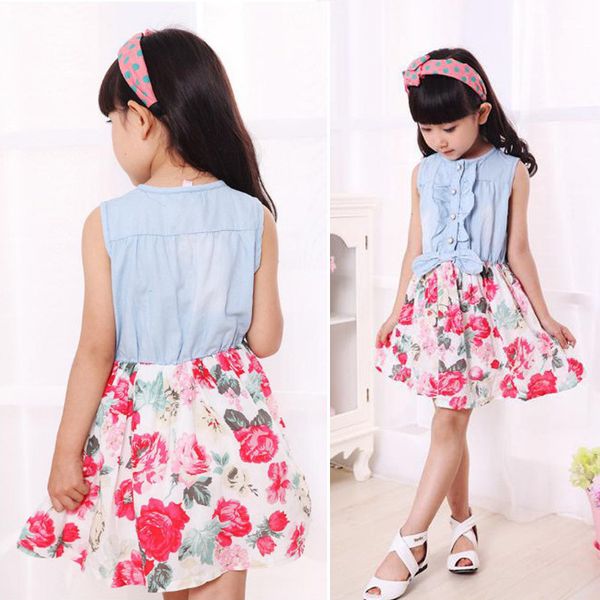 

new cute children girls floral dresses print summer lovely fashion bowknot dress sleeveless casual dresses clothes, Red;yellow