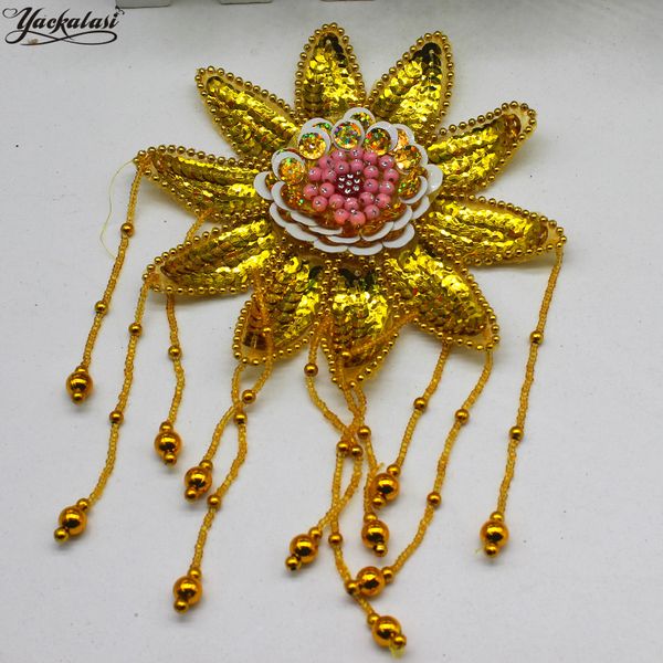 

yackalasi 5 pieces/lot sequined headwear 3d flower hair accessories beaded applique gold appliqued 13*22cm