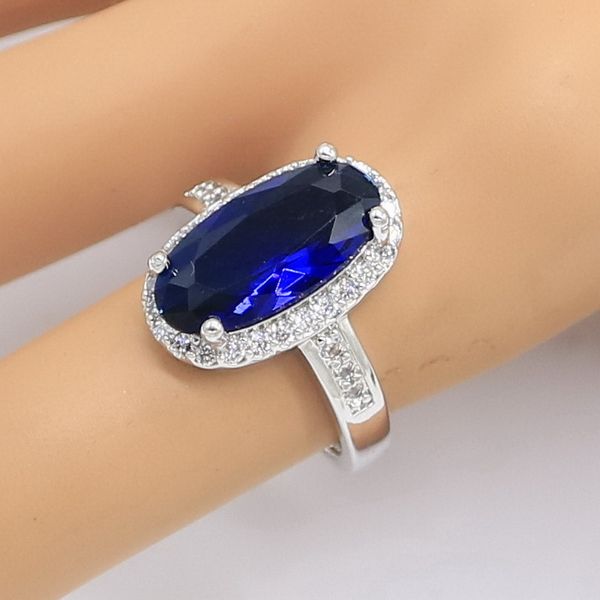 

oval blue semi-precious silver color ring for women anniversary party jewelry birthday gift, Slivery;golden