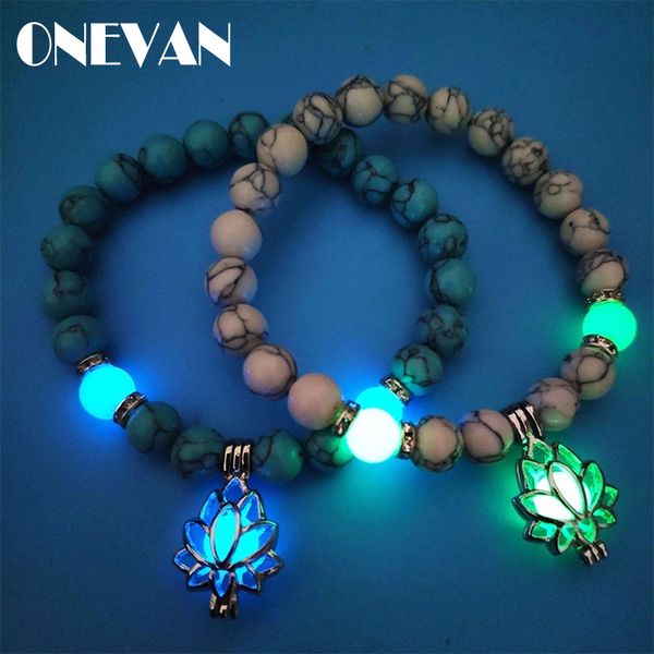 

natural stones glowing in the dark bracelet luminous lotus flower shaped charm bracelet for women yoga prayer buddhism jewelry, Black