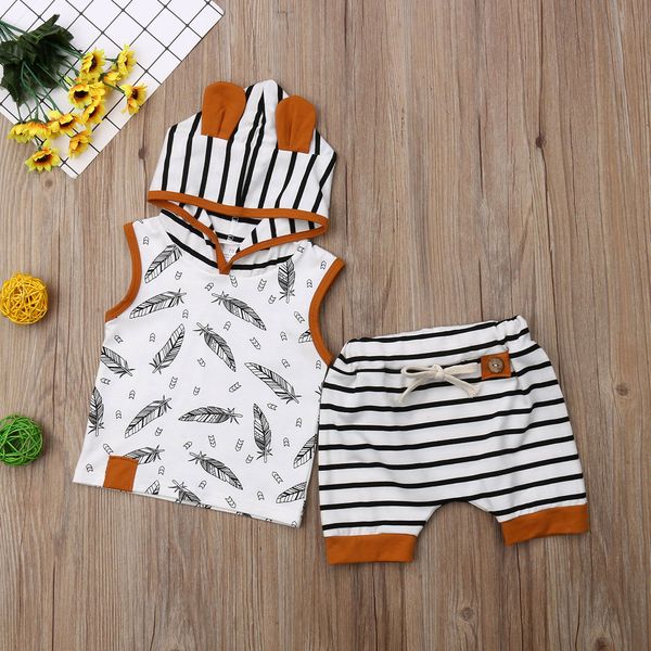 

new arrivels 2pcs set toddler baby boy girl feather hooded t-shirt +stripe shorts pants outfits summer clothes, White