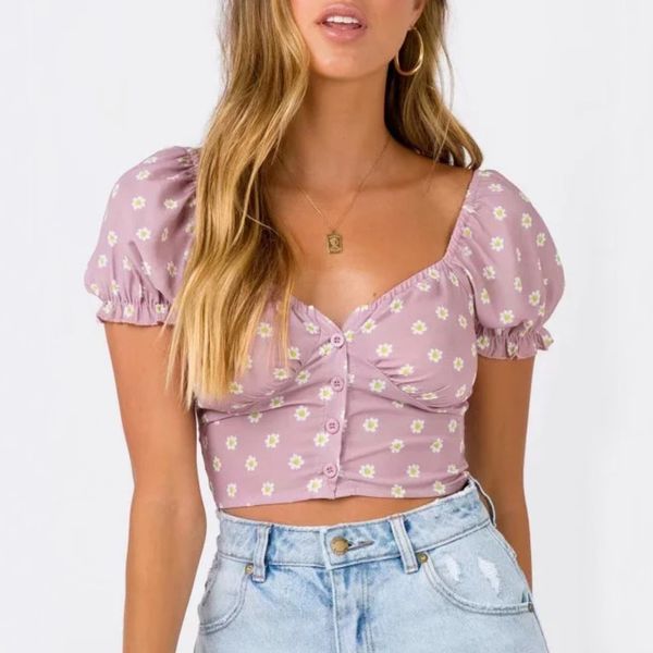 

women sweetheart neckline button up crop with puff sleeves little daisy crop blouse uavd, White