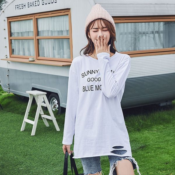 

women's loose printed t-shirt in 2020 women's long sleeve bottom hole base shirt fashion, White