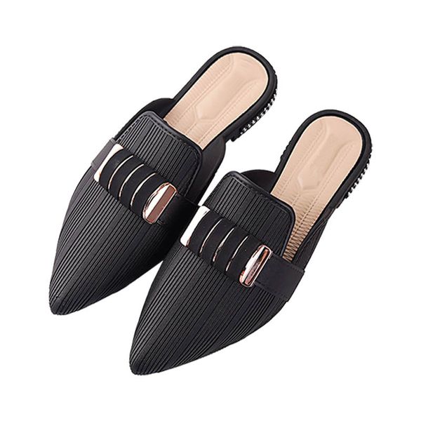 

new fashion summer slippers slides shoes metal mules shoes pointed toe slippers lady flats pointed toe women black