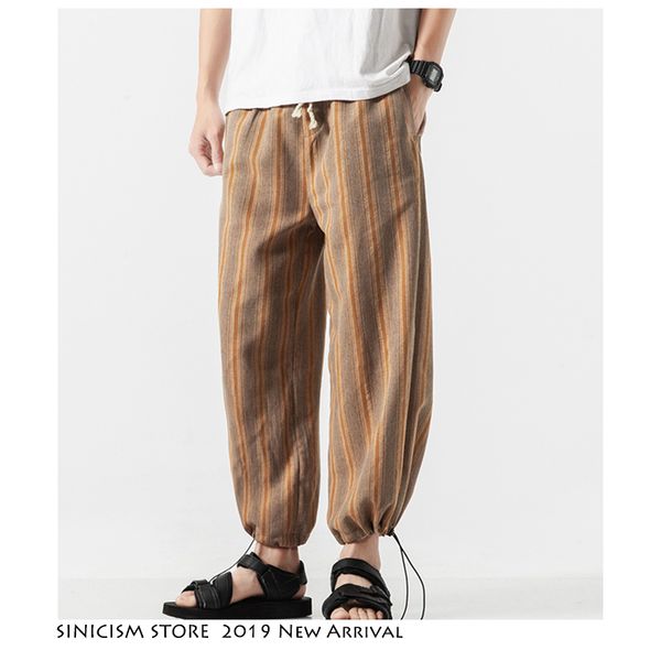 

sinicism store men print streetwear harajuku 2019 vintage literary pants mens chinese style summer stripe sweatpants oversize, Black