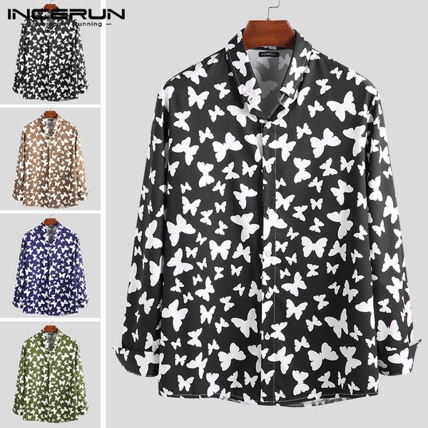 

men fashion long sleeve button down shirts butterfly printed casual lapel neck blouse mens vacation incerun masculina 3xl, White;black