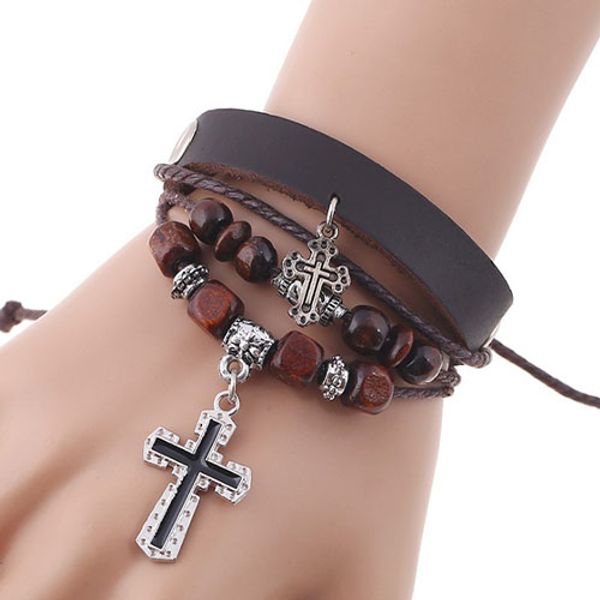 

dreambell multi circle leather chain with cross beaded genuine leather bracelet creative retro unique wrap jewelry, Golden;silver