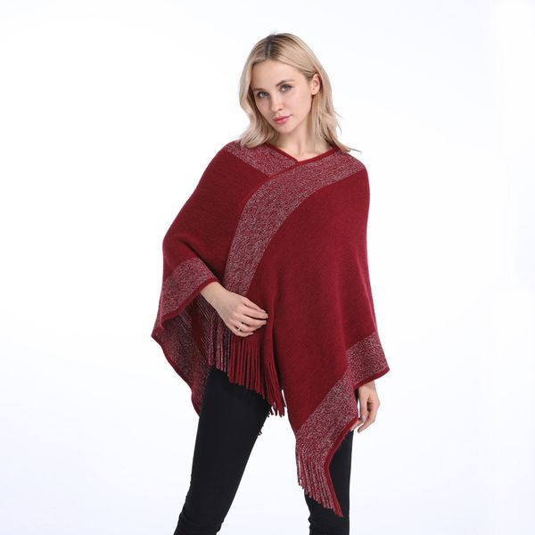 

spring casual knitted women poncho solid sweater cloak warm tassel sweaters batwing sleeve poncho capes autumn pullovers, Black