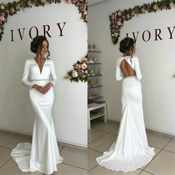 Barato vestidos de casamento sereia sexy sexy v-pescoço sem encosto cetim faixa de cetim boho vestido de noivas longas mangas compridas varrer trem personalizado feito sob encomenda de mariée