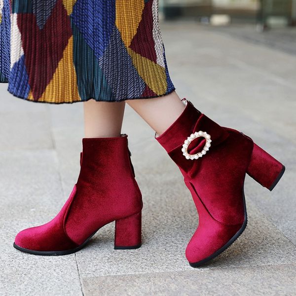 

big small size 32 to 42 to 48 fuchsia bowtie velvet winter boots chunky heel ankle bootie black pink grey