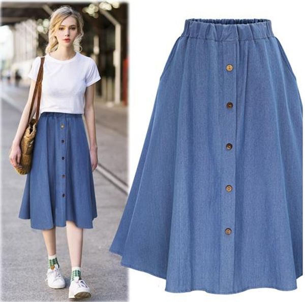 

2020 korean preppy style denim women long midi denim skirt high waist female saia big hem falda button jean skirt lj577, Black