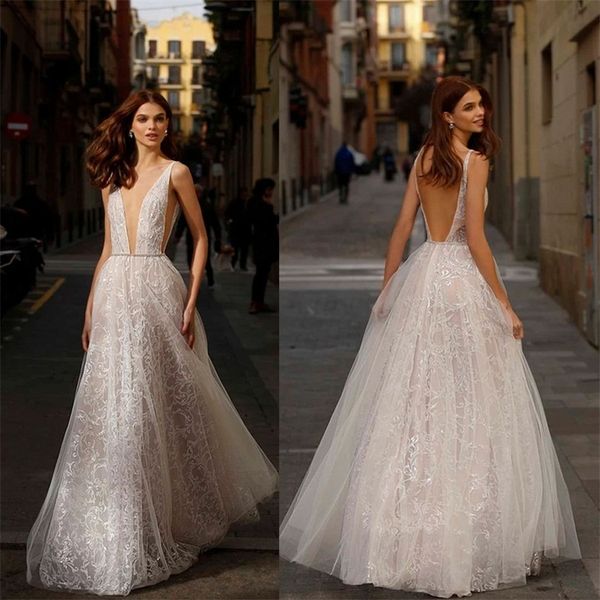 

boho wedding dresses high v-neck sleeveless appliqued lace tulle sequins wedding gown backless sweep train elegant bridal gown, White