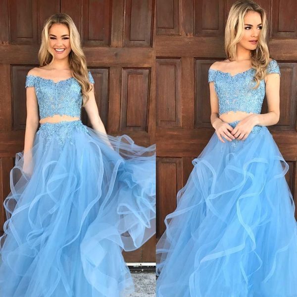 

two piece lace a-line prom dresses light sky blue evening gowns off the shoulder tulle ruffles formal party dresses bateau capped dress, Black;red