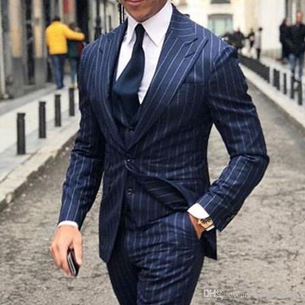 Smoking da sposo a strisce blu navy con risvolto a punta Groomsmen Abito da sposa da uomo Giacca da uomo Blazer Cena da ballo Abito da 3 pezzi (giacca + pantaloni + gilet + cravatta) 2269