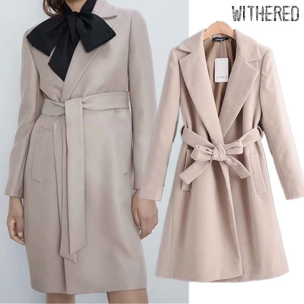 

withered winter woolen overcoat women england elegant office lady solid sashes notched thick long blazers trench coat women, Black
