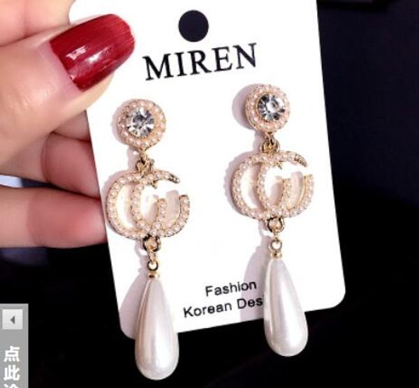 

double layers earrings brand letters dangle drop gold silver pearl earring gold silver ear studs for women wedding party jewelr 852, White