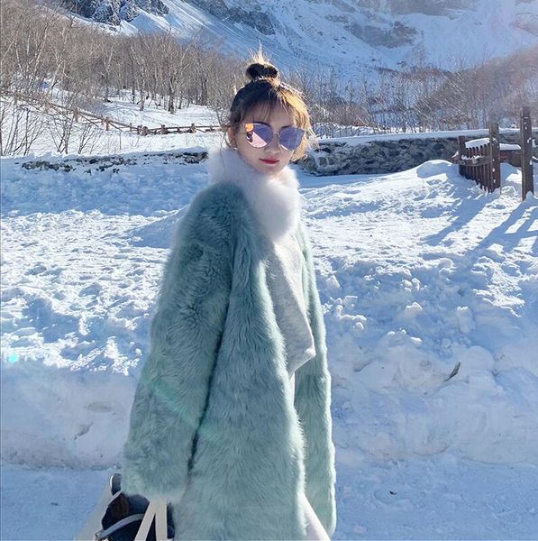 

popular good quality green mink fur cloth coat women's mid autumn winter long loose comfortable over knee fur one-piece elegant fashion, Black