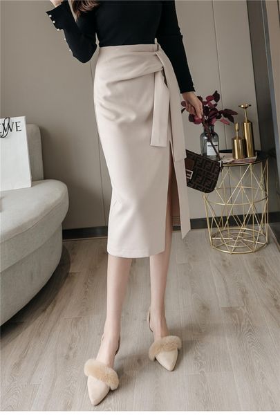 

spring 2020 new women elegant sheath wrap skirts front split korean ol style high waist chic work wear drawing skirts, Black