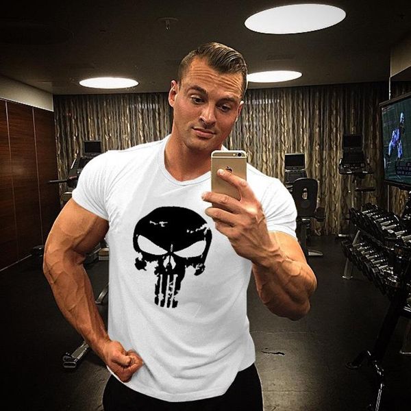 

punisher print gyms tracksuit t shirt muscle shirt news 2017 fitness cotton brand clothes for men bodybuilding tee large xxl, White;black