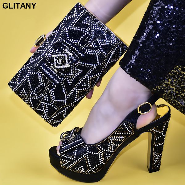 

new decorated with rhinestone african shoe and bag set for party in women italy shoes italian ladies shoes and bags to match set, Black