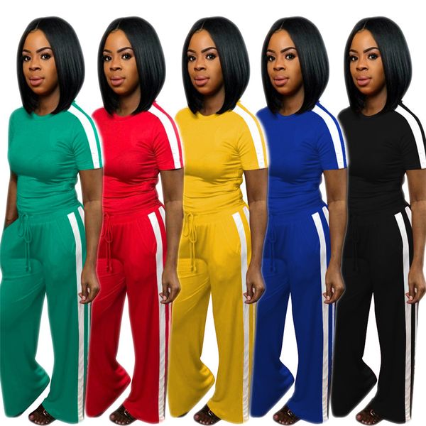 

женщины новые костюмы 2 piece set o-образным вырезом белая сторона полосатая с коротким рукавом t-shirt + длинные ноги широкие штаны шнурком, White