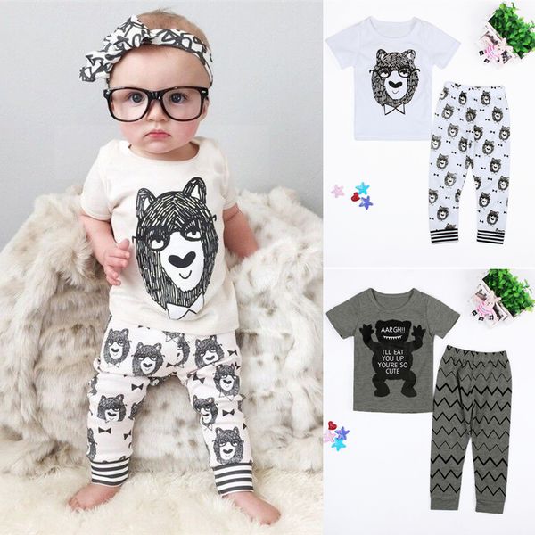 

2 styles t-shirt+trousers 2 piece sets kids clothes short sleeve letter cartoon t-shirt printed trousers kids designer clothes dhl jy207, White