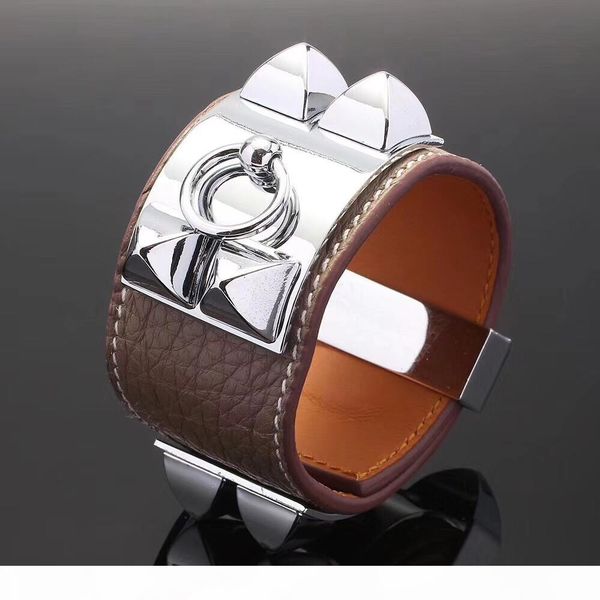 

fashion jewelry men and women cuff bracelet litchi pattern leather bangle bracelet crude stainless steel nails charm bracelets, Black