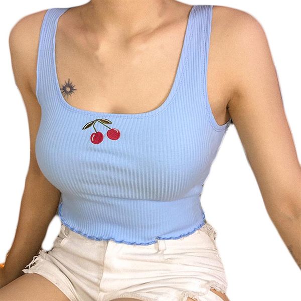

ins fresh sleeveless short camisole cute cherry print embroidered vest low cut comfort tank ropa mujer verano 2019#y15, White