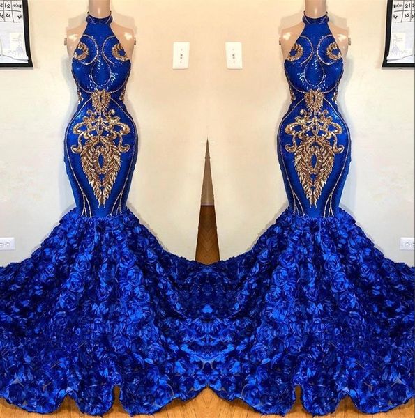 

Royal Blue Русалка Пром платья 2019 Холтер Кружева аппликация Великолепная 3D Цветочные