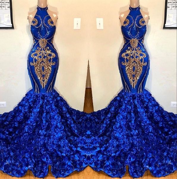 Abiti da ballo a sirena blu royal 2019 Halter in pizzo applicato Splendida gonna floreale 3D Abiti da sera per feste di ballo per ragazze nere BC121289o