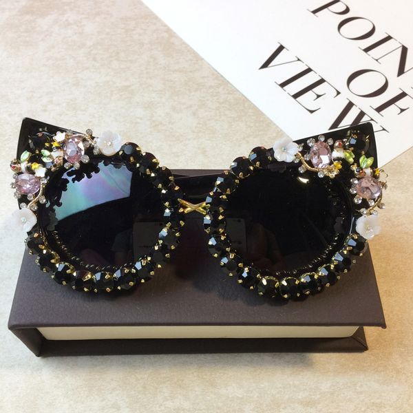 

brand design handmade rhinestone cat eye sunglasses fashion glasses women flower with pearl round vintage sunglasses beach party, White;black