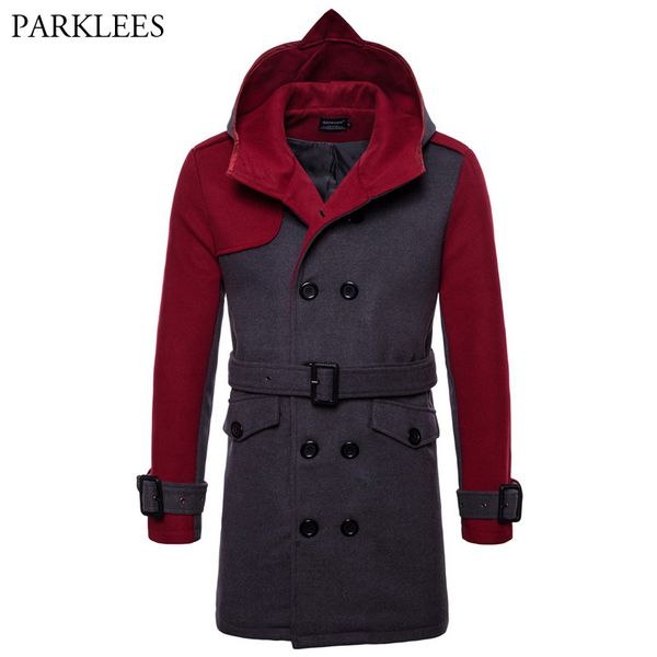 

mens long hooded trench coat 2018 autumn winter new double breasted wool coat men casual pea windbreaker abrigo hombre 3xl, Black
