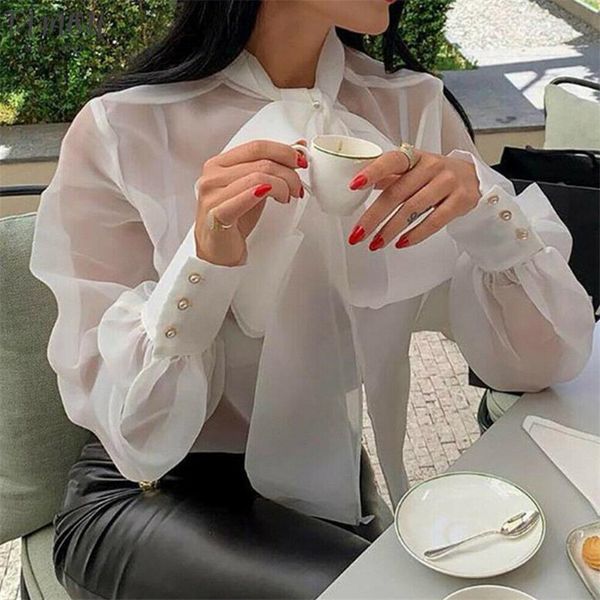 

женщины сетка sheer блузка 2020 осень лето see through с длинным рукавом топ рубашка блузка мода прозрачный белый рубашка женский blusas, White